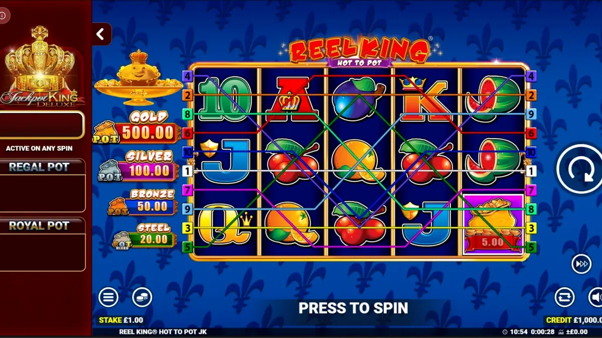 Reel King: Hot to Pot slot game interface with royal crown and golden fruit symbols